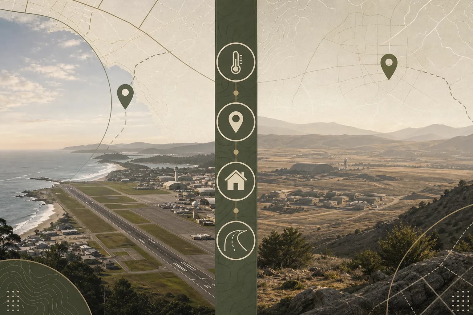 Side-by-side comparison of a coastal military airfield and an inland installation with climate, location, housing, and commute planning factors